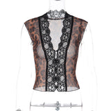 Daiiibabyyy  Women Elegant Leopard Print Lace Top Fashion V-neck Sleeveless Single-breasted Slim Cropped Tops Summer Ladies Streetwear
