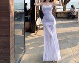 Daiiibabyyy  French Blue Floral Print Halter Dress Women Summer Beach Vacation Slimming Pure Desire Fish Tail Wrap Long Skirt Casual Gown