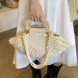 Daiiibabyyy  New Retro Fan-shaped Crochet Woven Underarm Bag for Women Ins Style Seaside Vacation Versatile Wooden Handle Shoulder Bag