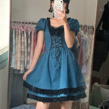 DAIIIBABYYY  -  Fashion Square Collar Age Reduction Puff Sleeve Summer New Clothes Vintage Plaid Preppy Style Sweet Bow Lace Ladies Dresses