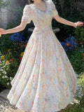 Daiiibabyyy  Summer new long dress waist flower new film dress summer short sleeve French lace heavy industry lining