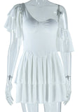 Daiiibabyyy  Solid Spliced Ruffles Slimming Mini Dress for Women Diagonal Collar Short Sleeve High Wiast Temperament Dress Female New