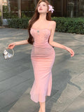 DAIIIBABYYY  -  Women Pink Mesh Patchwork Jacquard Diamonds Sling Long Dress Summer Elegant Casual Holiday Dress 2025 Korean Bodycon Party Dress