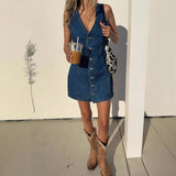 Daiiibabyyy  Summer Woman Denim Dress Cotton V Neck Jeans Dress High Waist Short Denim Dresses Mini Tie Back Jean Dress Front Buttons