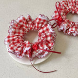 Daiiibabyyy  1PC Red And White Plaid Scrunchie With Lace Trim And Heart Button,Cute Hair Accessory For Women, Stylish Hair Tie For Daily Wear