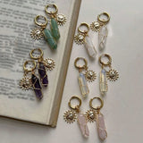 Daiiibabyyy  Retro Bohemian Natural Stone Hexagonal Prism Pendant Sun Ear Buckle Chic Vacation Style Fashion Earrings Jewelry For Women