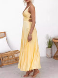 Daiiibabyyy  Summer Woman Dress Spaghetti Strap V Neck Maxi Dress Pleated A Line Silhouette Elegant Party Evening Dress Yellow Teal Emerald