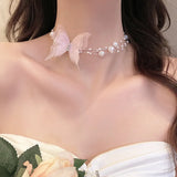 Daiiibabyyy  Romantic Butterfly Pearl Tie Bow Necklace Women Luxury Silk Ribbon Sweet Chokers Collarbone Chain Temperament Jewelry Gift Party