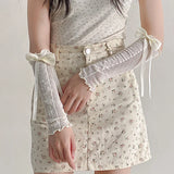 DAIIIBABYYY  -  Lolita Lace Bow Strap Sleeves Cover Fingerless Gloves Sunscreen Y2K Kawaii Women Mesh Lace Mid-calf Socks Clothing Accessories