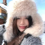 Daiiibabyyy  Winter Warm Plush Snow Ski Cap Russian Hat Women Fluffy Thicken Faux Fur Hats Female Outdoor Windproof Ear Protection Daily Wear