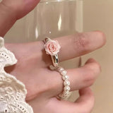 Daiiibabyyy  Romantic Pearl Rose Flower Finger Rings for Women Girls 3D Pink Rose Ring Elegance Aesthetic Jewelry Temperament Accessories