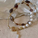 Daiiibabyyy  2pcs Set Luxury Natural Stone Pearl Beaded Bracelet for Women Bohemia Charm Crystal Pendant Holiday Jewelry Beach Accessory Gift