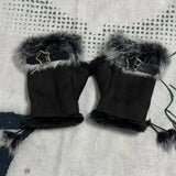 Daiiibabyyy  Winter Rabbit Fur Half Finger Sexy Leopard Gloves Fur Suede Adjustable Design Fingerless Y2K Gloves Padded Thickened Outdoor