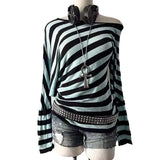 Daiiibabyyy  Women's Sweater Striped Round Neck Pullover Blue And White Casual Knit Top Off Shoulder Oversized Fit Long Sleeve Sweater