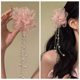 Daiiibabyyy  Elegant Pink Gauze Peony Flower Hair Clip Pearls Side Clip Styling Barrettes Hair Accessories Long Tassel Headwear Girls