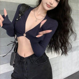 DAIIIBABYYY  -  Trend Sexy V-neck Long Sleeve T-Shirts Female New Slim Hollow Out All-match Top Tee Spring Women Clothing Fashionable Tshirt