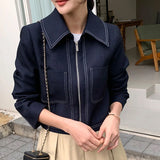 DAIIIBABYYY  -  Women's Retro Lapel Topstitch Design Short Jackets Spring and Autumn Solid Color Versatile Loose Casual Temperament Zipper Coats