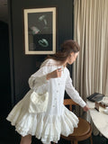 Daiiibabyyy  Autumn New White  Big Skirt Three-dimensional Waist Bottom Long Sleeve Shirt Dress  dresses for women