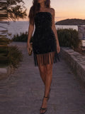 Daiiibabyyy  Elegant Strapless Glittery Party Mini Dress Fashion Tassel Splicing Solid Women Short Dress Casual Sleeveless Hight Waist Gowns
