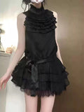 Daiiibabyyy  Japanese Vintage Gothic Elegant Black 2 Piece Set Women Chic Y2k Sleeveless Tops + Skirts Harajuku Fashion Causal Retro Outfits