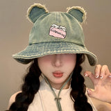 DAIIIBABYYY  -  Korean Bear Ears Denim Bucket Hat Women's Spring and Summer Outdoor Shading Versatile Big Head Windproof Strap Cowboy Hats
