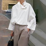 DAIIIBABYYY  -  Women's Ubran Blouses White Shirts Tops Fashion Cotton Stand Collar Loose Long Sleeves Buttons Simple Women Clothing