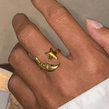 Daiiibabyyy  Stainless Steel Gold Color Star Moon Open Rings for Women Vintage Metal Adjustable Finger Rings Personality Jewelry Gifts