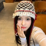 Daiiibabyyy  Women's Kawaii Hats Sweet Cute Y2K Hollowed Out Flower Bun Hat Color Blocked Knitted Woolen Cold Hat Beret Korean Version Caps