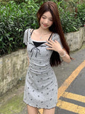 Daiiibabyyy  Korean Floral Sweet Dress Women Lace Patchwork Slim Mini Dress Casual Fashion Preppy Style Short Sleeve Female Cute Dress