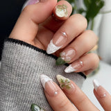 Daiiibabyyy  24Pcs Mid-length Almond Fake Nails Press on With Flower Design False Nail Swan Strawberry Pattern Reusable Full Cover Nails Tips
