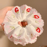 Daiiibabyyy  Red Strawberry Hand-Embroidered Multi-Layer Lace Hair Ring Spring Fresh Women's Hair Accessories