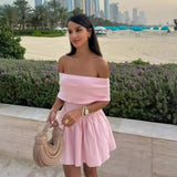 Daiiibabyyy Pink Knitted Mini Dress Women Elegant Fashion Off The Shoulder Bodycon Short Dresses Summer Sweet Girl Holiday Beach Dress 2024