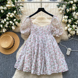 DAIIIBABYYY  -  French Style Super Fairy Fluffy Dress 2025 Summer Gentle Square Neck Bubble Sleeves Slimming Floral Mesh Vestidos