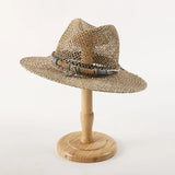Daiiibabyyy  Sea Grass Summer Panama Hats for Women Sun Hat with Leather Shell Band Designer Flat Top Straw Fedora Hat Party Travel Beach Hat