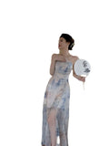 Daiiibabyyy  collar printed suspender dress spring new fashionable cool breeze women's chiffon split open backless dress R34K