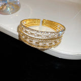 Daiiibabyyy  Diamond-inlaid Pearl Multi-layer Open Bangles  for Women European American Exquisite Temperament Bracelet Light Luxury Jewelry