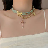 Daiiibabyyy  Green Butterfly Necklace Choker French Sweet Vintage Temperament Cross Tassel Collarbone Chain Harajuku Choker Y2k Jewelry