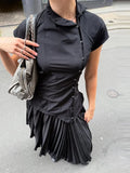 Daiiibabyyy  Fashion Solid Lapel Short Sleeve Slim Cropped Blouse Vintage Women Black Irregular Buttons Top Lady Daily Street Y2k Tops