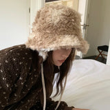 Daiiibabyyy  Japanese Tie-dye Gradient Lace-up Ear Protection Bucket Hat Winter Outdoor Thickened Lambswool Warm Lounge Basin Caps for Women