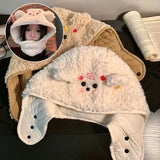 Daiiibabyyy  Cute Plush Winter Integrated Cap Scarf Warm Thickened Ear Protection Hat Casual Soft Beanie Hat Scarf Cycling