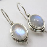 Daiiibabyyy  Vintage Design Oval Inlaid Imitation Moonstone Women's Earrings Ethnic Silver Metal Hand Carving Pattern Dangle Earrings Woman