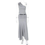 Daiiibabyyy  Casual Solid Color Off Shoulder Sleeveless Crop Top High Waist Ruffle Mini Dress with Ruched Waistband Asymmetrical Hem in