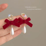 DAIIIBABYYY  -  Wine Red Flocking Bow-knot Rhinestone Pearl Tassel Drop Earrings for Women Korean Fashion Winter New Year Party Earring Jewelry