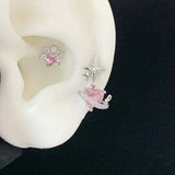 Daiiibabyyy  1Pcs Pink Zircon Heart Star Stud Earrings For Women Stainless Steel Metal Four-Pointed Star Piercing Ear Bone Nail Y2K Jewelry