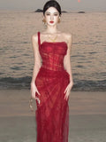 Daiiibabyyy  Retro Hong Kong Style Christmas Robe Red Tulle Neck Hanging Tube Top Atmosphere Dress Long Skirt Sleeveless A-Line Dress