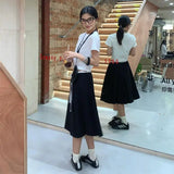 Daiiibabyyy  Preppy Style Pleated Skirt Women Vintage Korean Style Black Mid Length Skirt Harajuku Fashion Patchwork Classic Skirts