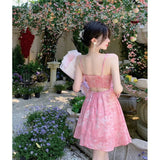 Daiiibabyyy  New Pink Romantic Floral Skirt Summer Slimming Solid Color Fashionable and Fresh Short Skirt Small Slim Strap Dress S6YW