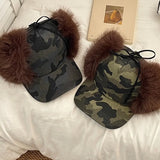 Daiiibabyyy  American Y2k Camouflage Imitation Fur Plush Men Baseball Cap Winter Outdoor Thermal Lace-up Ear Protector Women Bomber Hats