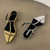 Daiiibabyyy 2024 New Brand Gold Women Sandal Fashion Narrow Band Flat Heel Ladies Gladiator Shoes Pointed Toe Ankle Buckle Zapatos Muje