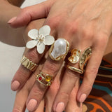 Daiiibabyyy  One Set Vintage Baroque Pearl Flower Rings For Women Men Girls Punk Gold Silver Color Geometric Knuckle Joint Ring Jewelry